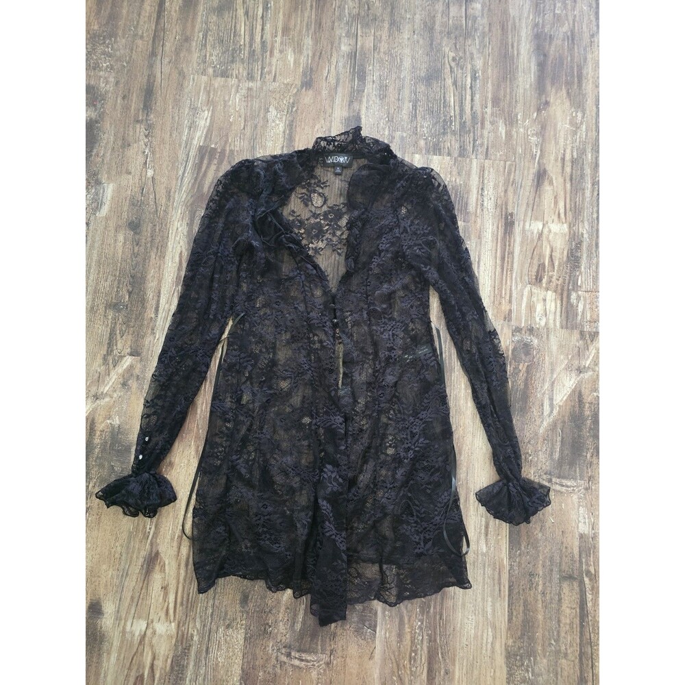 WIDOW Black Sheer Lace Long Sleeve Button-Up Blouse Top Size M Goth Alt Fairy...